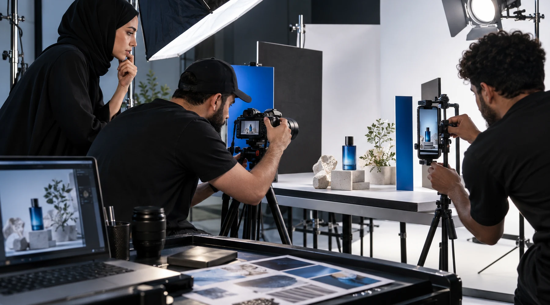 A production team creating product and social content